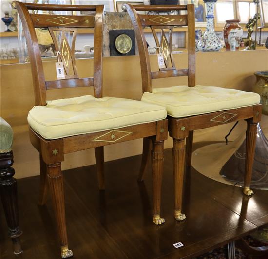A pair of Biedermeier brass inset walnut salon chairs, H.2ft 10in.
